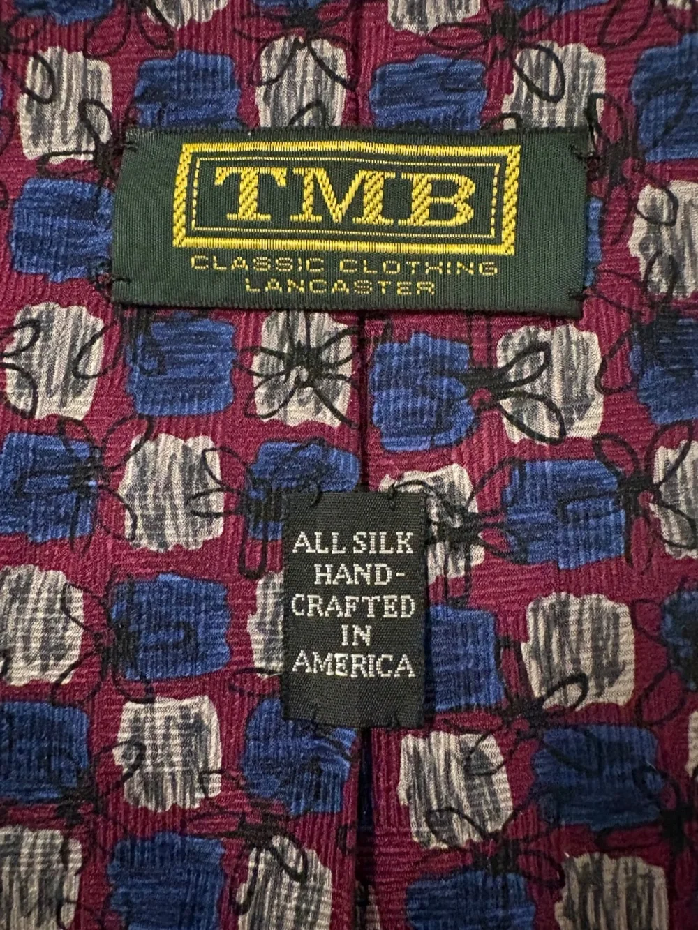 Vintage TMB Classic Clothing Hand-Crafted Silk Geometric Tie Burgundy Blue